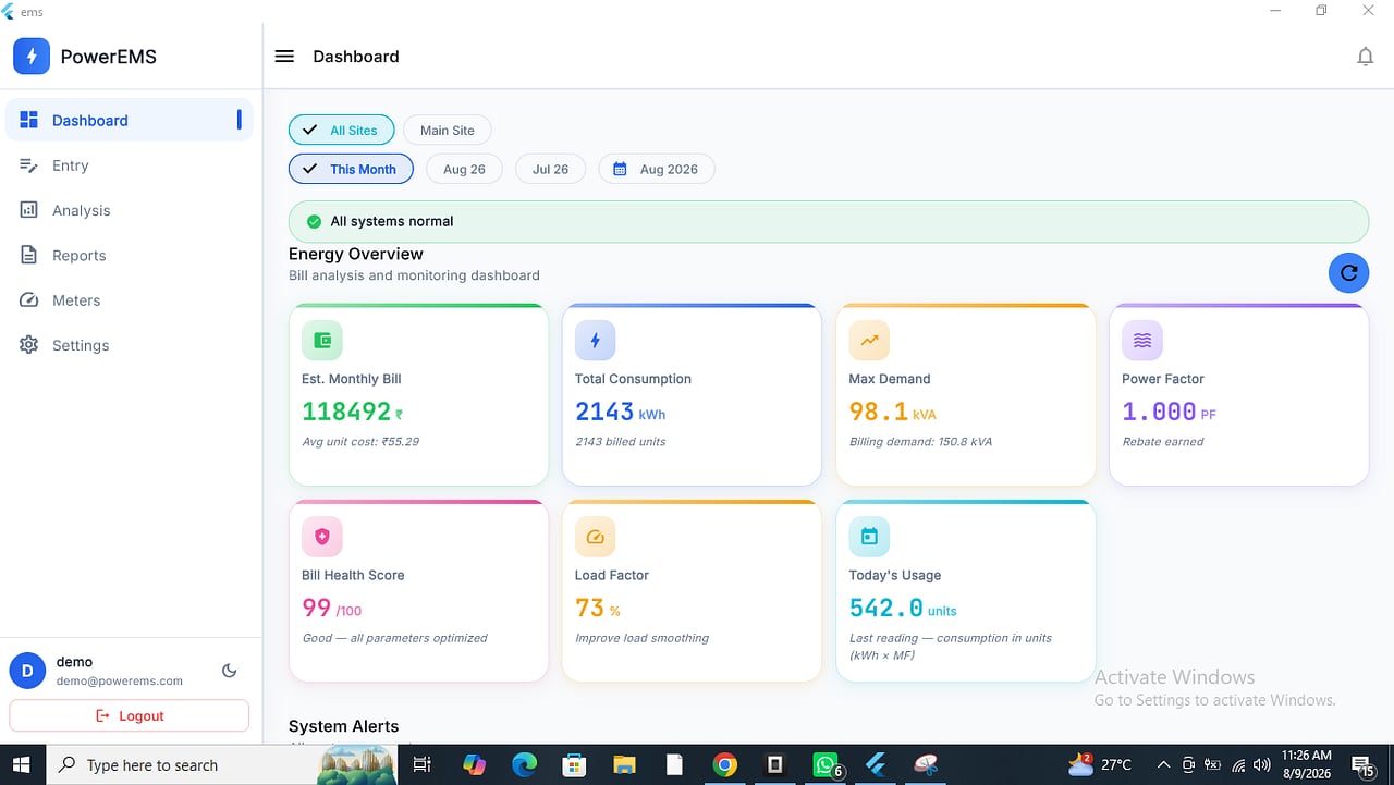 Power EmS live energy dashboard showing bill estimate, consumption and power factor